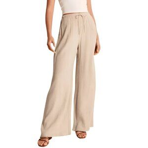 NEW Abercrombie & Fitch Crinkle Textured Pull-On Wide Leg Pant Cream Size M